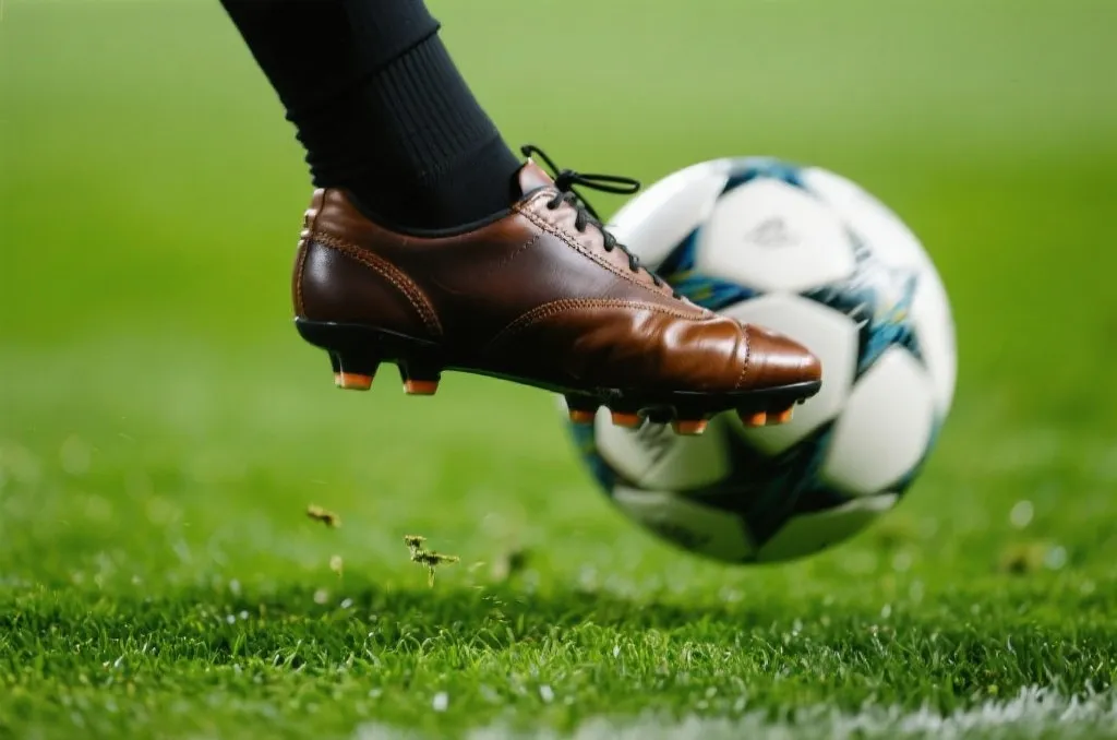 A close-up of a professional soccer player's leather cleats kicking a classic soccer ball on a lush green grass field during a match, shallow depth of field