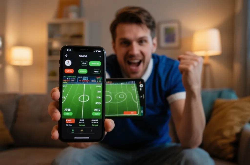 A passionate sports fan holding a smartphone displaying live football statistics in a modern living room